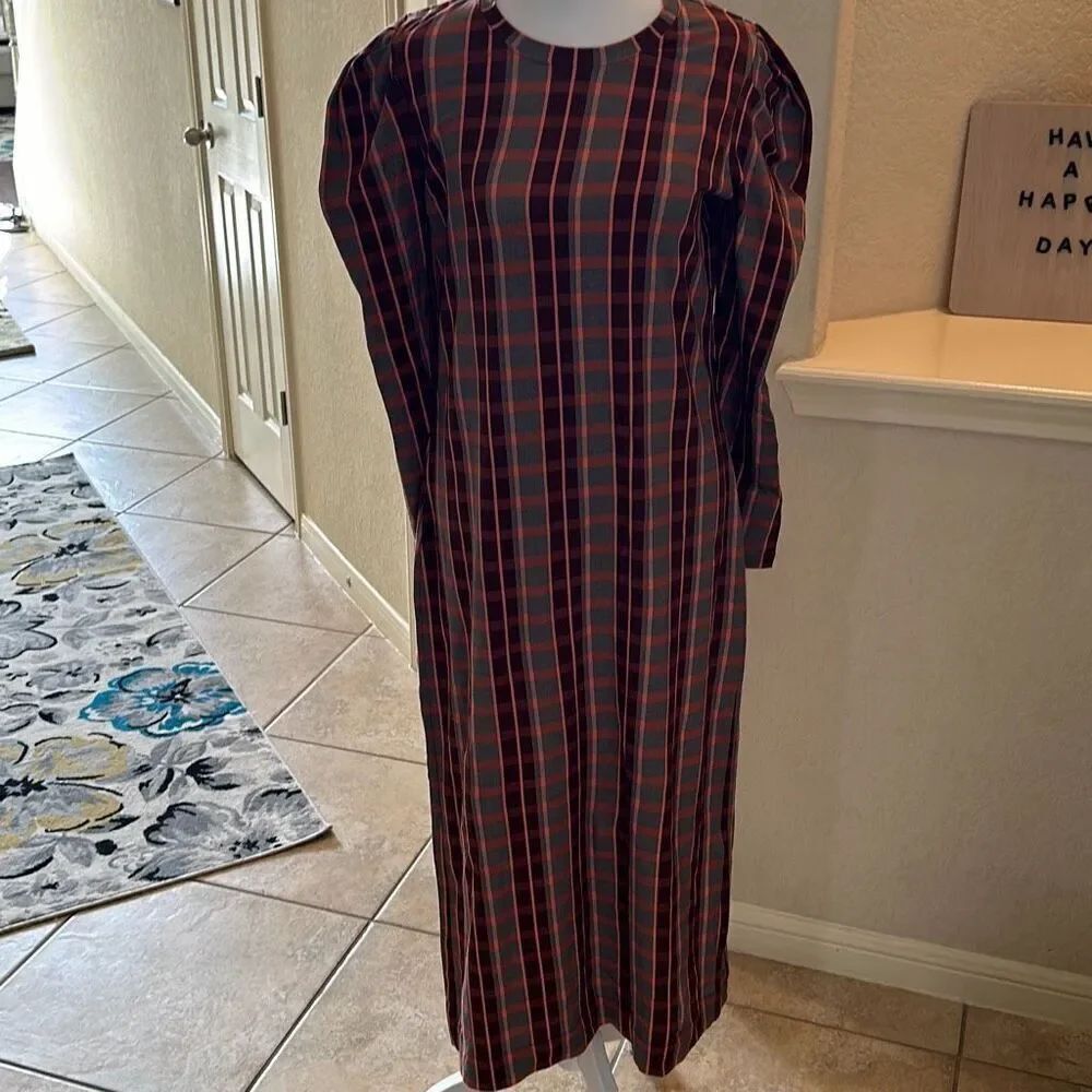 Tanya Taylor Womens Medium Nancy Check Midi Dress Browns Long Sleeves NWT